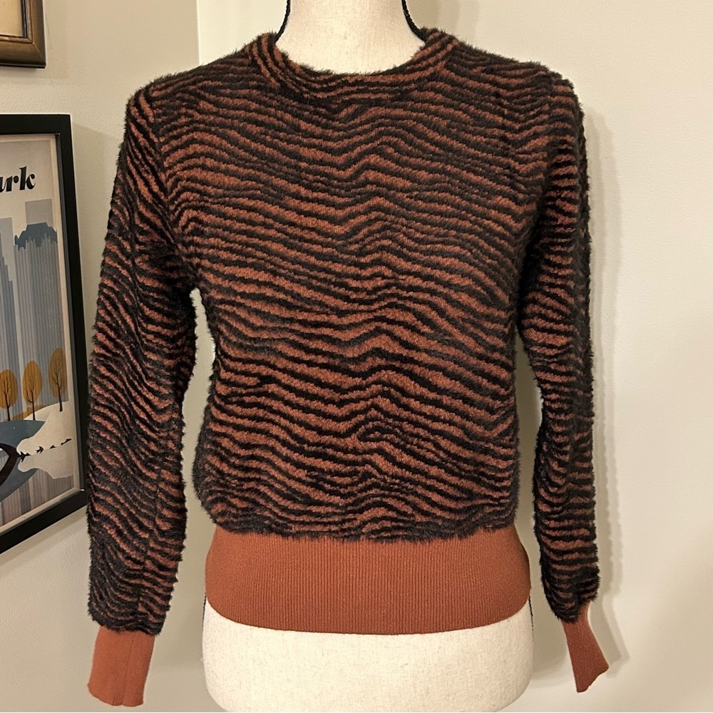 Zara Tiger Stripe Soft Crewneck Sweater - Black and Brown SZ M